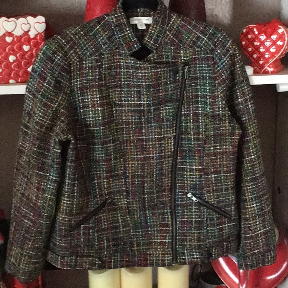 Coldwater Creek Multicolor Tweed Zipper Front Blazer Jacket Shoulder Pads Sz 14